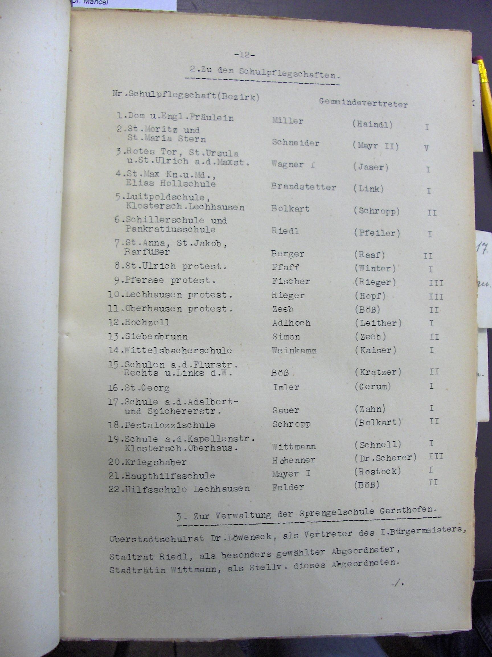 Sitzungsprotokoll aus Augsburg 1930, mit Josef Felder als Schulpfleger der Hilfsschule Lechhausen